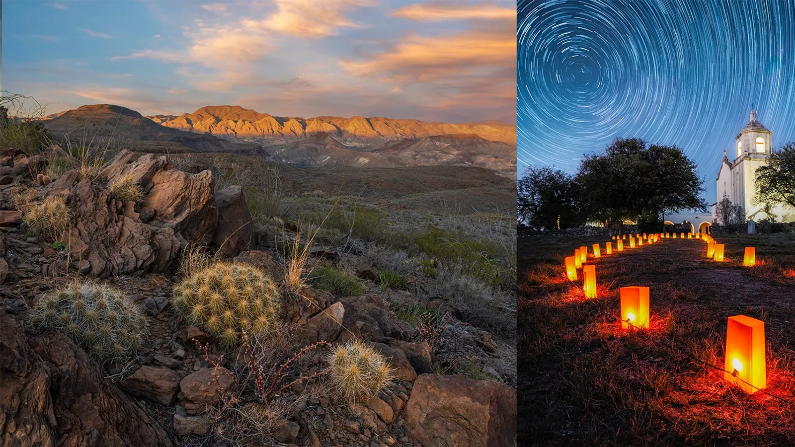 The image is split: on the left, a desert landscape with mountains, rocks, and cacti under a colorful sunset sky; on the right, an illuminated path with…