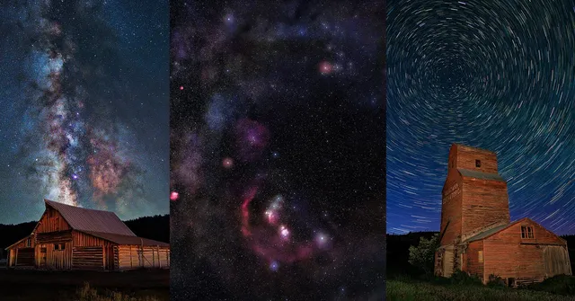 Three images: left, a barn under the Milky Way; center, a close-up of stars and nebulae in the night sky; right, an old wooden building with circular…