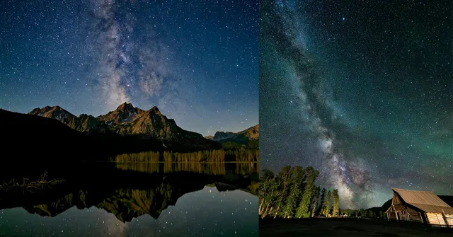 Two night landscapes: Left, the Milky Way over mountains reflected in a calm lake; right, the Milky Way stretches above trees and a rustic wooden cabin…