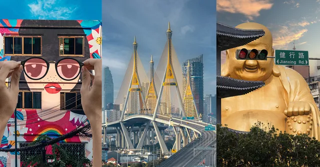 A triptych image: Left shows hands adjusting oversized sunglasses on a mural with a cartoon face. Center depicts a modern, cable-stayed bridge with two…