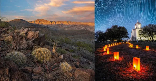 The image is split: on the left, a desert landscape with mountains, rocks, and cacti under a colorful sunset sky; on the right, an illuminated path with…